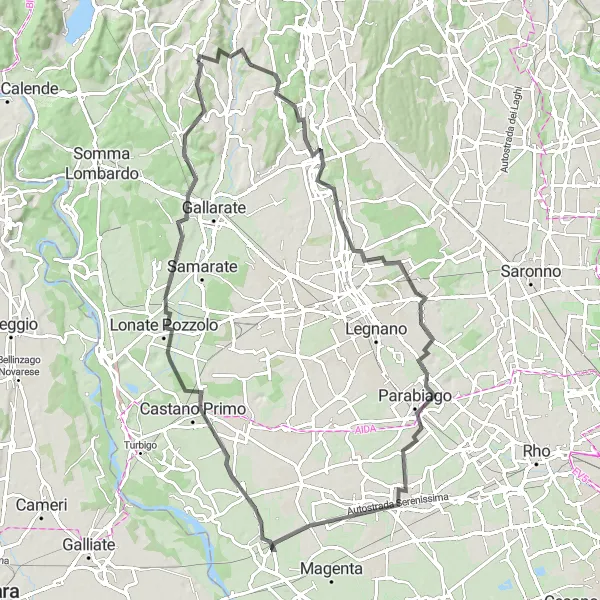 Miniatura della mappa di ispirazione al ciclismo "Cairate Road Journey" nella regione di Lombardia, Italy. Generata da Tarmacs.app, pianificatore di rotte ciclistiche