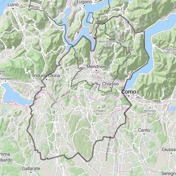 Zemljevid v pomanjšavi "Razburljiva cestna kolesarska dogodivščina v Lombardiji" kolesarske inspiracije v Lombardia, Italy. Generirano z načrtovalcem kolesarskih poti Tarmacs.app