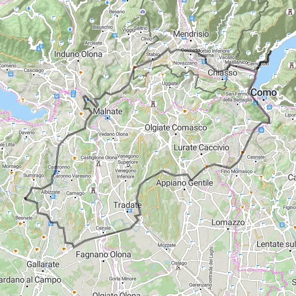 Karten-Miniaturansicht der Radinspiration "Herausfordernde Tour nach Como und Bulgarograsso" in Lombardia, Italy. Erstellt vom Tarmacs.app-Routenplaner für Radtouren