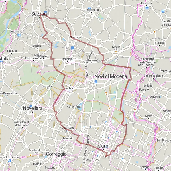Miniatura della mappa di ispirazione al ciclismo "Cicloturismo tra Suzzara e Margonara" nella regione di Lombardia, Italy. Generata da Tarmacs.app, pianificatore di rotte ciclistiche