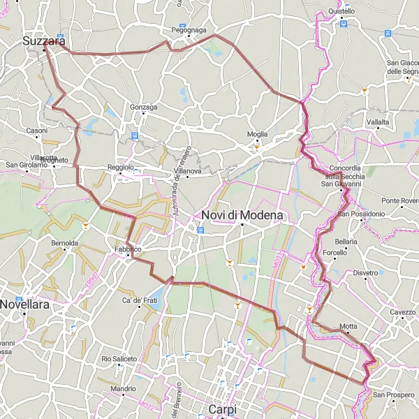 Miniatura della mappa di ispirazione al ciclismo "Il Giro dei Paesaggi della Bassa Reggiana" nella regione di Lombardia, Italy. Generata da Tarmacs.app, pianificatore di rotte ciclistiche
