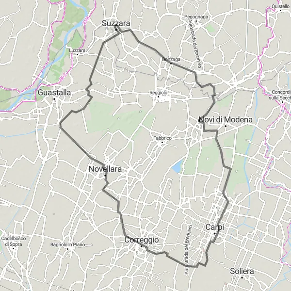 Map miniature of "The Carpi Adventure" cycling inspiration in Lombardia, Italy. Generated by Tarmacs.app cycling route planner