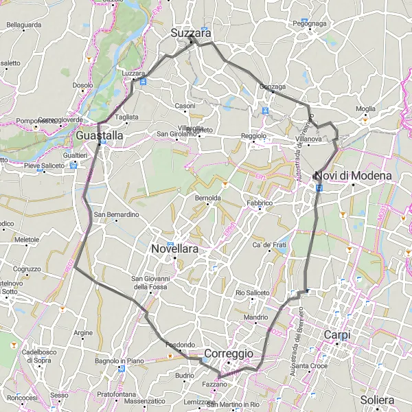 Map miniature of "Admiring the Beauty of Budrione and Guastalla" cycling inspiration in Lombardia, Italy. Generated by Tarmacs.app cycling route planner