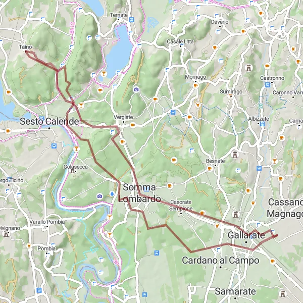 Kartminiatyr av "Taino - Piana (Grusvei)" sykkelinspirasjon i Lombardia, Italy. Generert av Tarmacs.app sykkelrutoplanlegger
