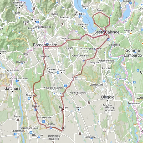 Map miniature of "Scenic Gravel Loop through Taino" cycling inspiration in Lombardia, Italy. Generated by Tarmacs.app cycling route planner