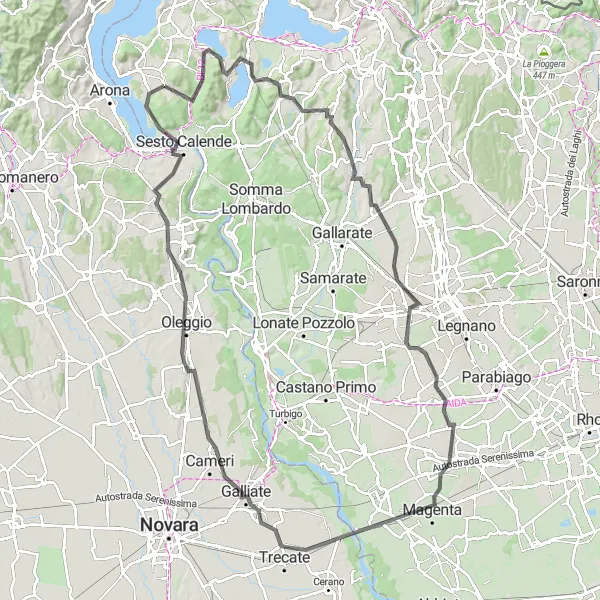 Miniatura della mappa di ispirazione al ciclismo "Tour ciclistico verso Lisanza attraverso Magenta" nella regione di Lombardia, Italy. Generata da Tarmacs.app, pianificatore di rotte ciclistiche