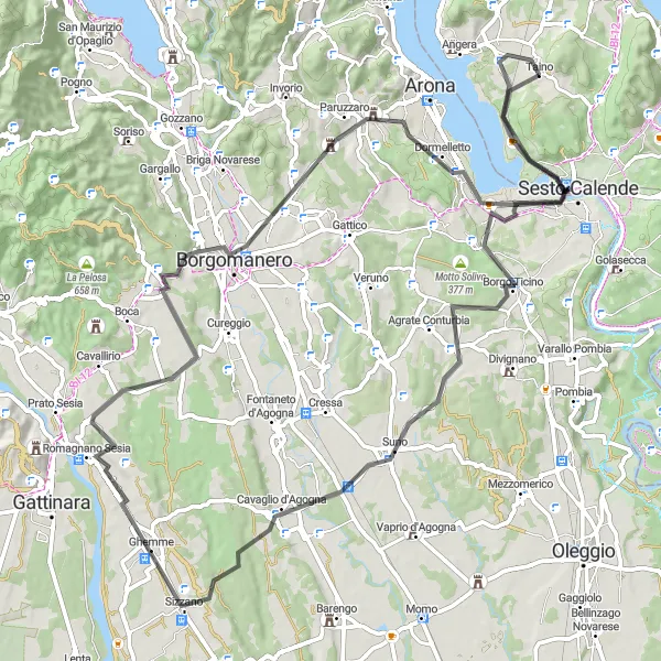 Miniatura della mappa di ispirazione al ciclismo "Percorso Stradale Borgo Ticino - Taino" nella regione di Lombardia, Italy. Generata da Tarmacs.app, pianificatore di rotte ciclistiche