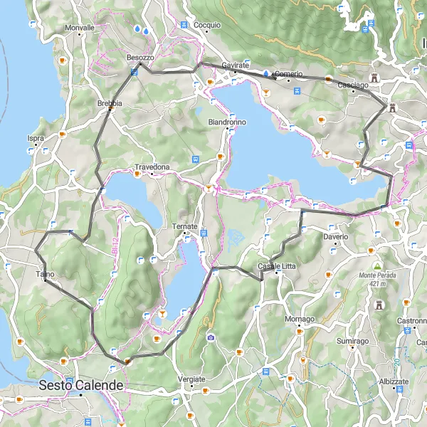 Mapa miniatúra "Exploring Casciago and Monte San Giacomo by Bike" cyklistická inšpirácia v Lombardia, Italy. Vygenerované cyklistickým plánovačom trás Tarmacs.app
