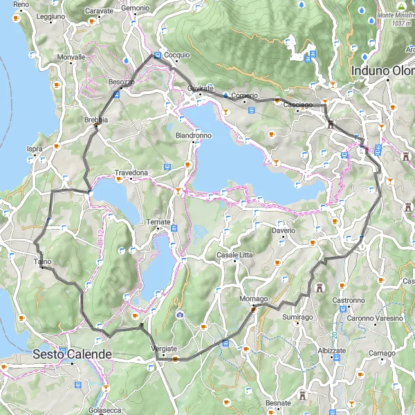 Kartminiatyr av "Kullarna och sjöarna rutt" cykelinspiration i Lombardia, Italy. Genererad av Tarmacs.app cykelruttplanerare