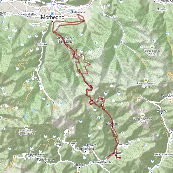 Mapa miniatúra "Gravelová cyklistická trasa cez Albaredo per San Marco a Mezzoldo" cyklistická inšpirácia v Lombardia, Italy. Vygenerované cyklistickým plánovačom trás Tarmacs.app