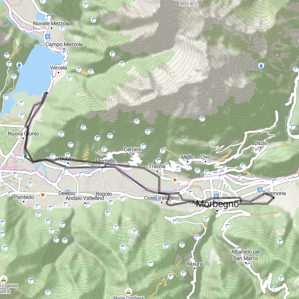 Kartminiatyr av "Morbegno og Cosio Valtellino sykkelrute" sykkelinspirasjon i Lombardia, Italy. Generert av Tarmacs.app sykkelrutoplanlegger