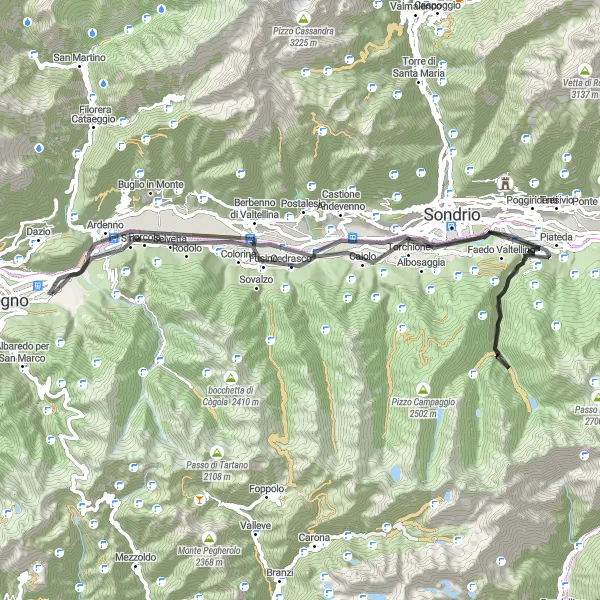 Karttaminiaatyyri "Challenging Valtellina Circuit" pyöräilyinspiraatiosta alueella Lombardia, Italy. Luotu Tarmacs.app pyöräilyreittisuunnittelijalla