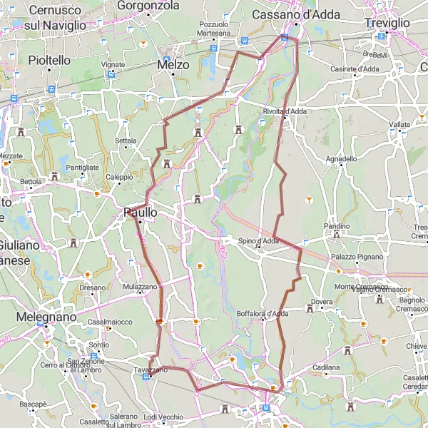 Kartminiatyr av "Gravelslinga till Paullo och Rivolta d'Adda" cykelinspiration i Lombardia, Italy. Genererad av Tarmacs.app cykelruttplanerare