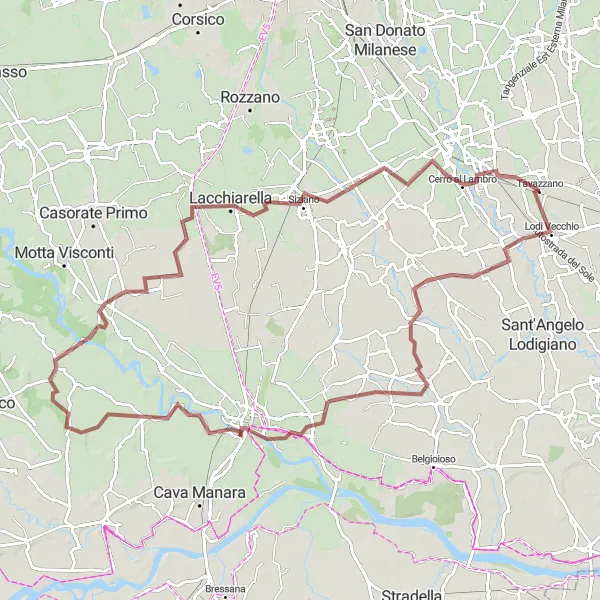 Mapa miniatúra "Gravelová jazda cez Paviu a Gropello Cairoli" cyklistická inšpirácia v Lombardia, Italy. Vygenerované cyklistickým plánovačom trás Tarmacs.app