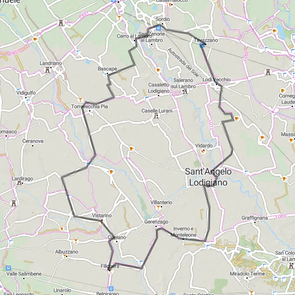 Miniatura della mappa di ispirazione al ciclismo "Giro in Bici da Sant'Angelo Lodigiano a Sordio" nella regione di Lombardia, Italy. Generata da Tarmacs.app, pianificatore di rotte ciclistiche