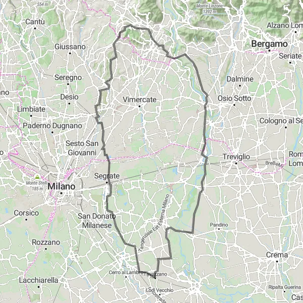 Zemljevid v pomanjšavi "Kolesarska pot z znamenitim vzponom" kolesarske inspiracije v Lombardia, Italy. Generirano z načrtovalcem kolesarskih poti Tarmacs.app