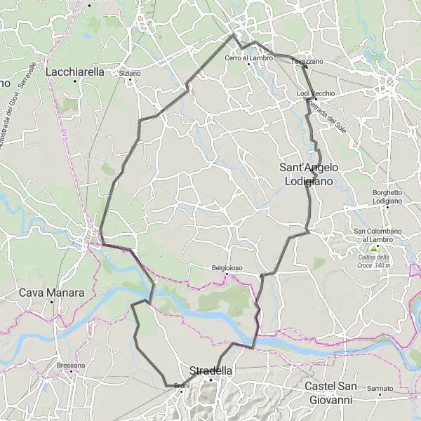 Kartminiatyr av "Landsbyveier fra Sant'Angelo Lodigiano til Sordio" sykkelinspirasjon i Lombardia, Italy. Generert av Tarmacs.app sykkelrutoplanlegger