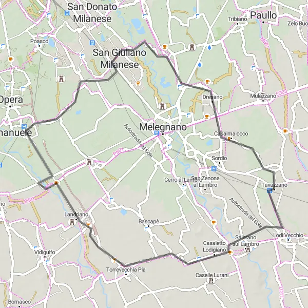 Miniatua del mapa de inspiración ciclista "Ruta de Carretera a Lodi Vecchio" en Lombardia, Italy. Generado por Tarmacs.app planificador de rutas ciclistas