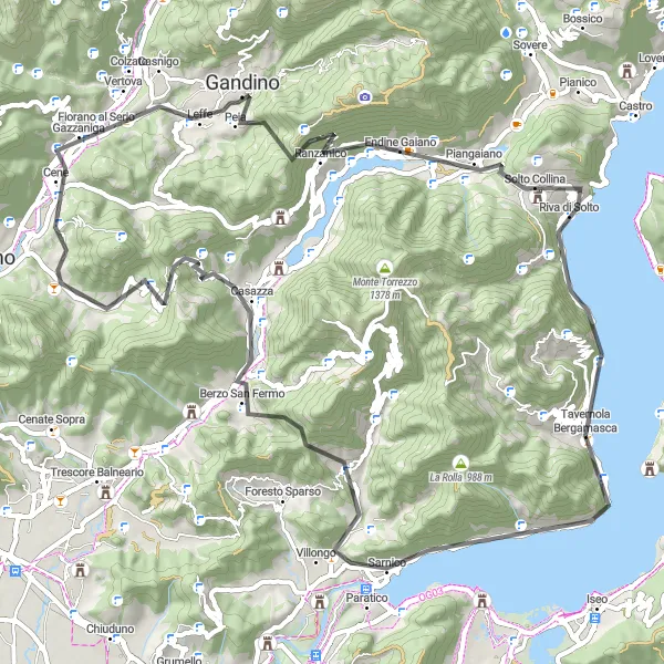 Miniaturní mapa "Kopcovitá trasa kolem jezera Iseo" inspirace pro cyklisty v oblasti Lombardia, Italy. Vytvořeno pomocí plánovače tras Tarmacs.app
