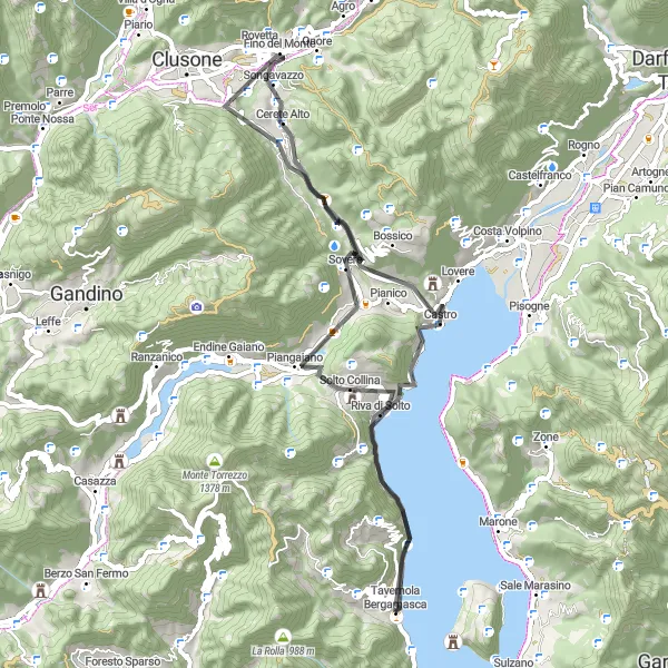 Miniatura della mappa di ispirazione al ciclismo "Tra le vette del Lago d'Iseo" nella regione di Lombardia, Italy. Generata da Tarmacs.app, pianificatore di rotte ciclistiche