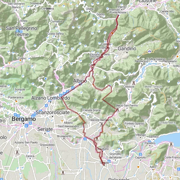 Mapa miniatúra "Telgate - Trescore Balneario Gravel Ride" cyklistická inšpirácia v Lombardia, Italy. Vygenerované cyklistickým plánovačom trás Tarmacs.app
