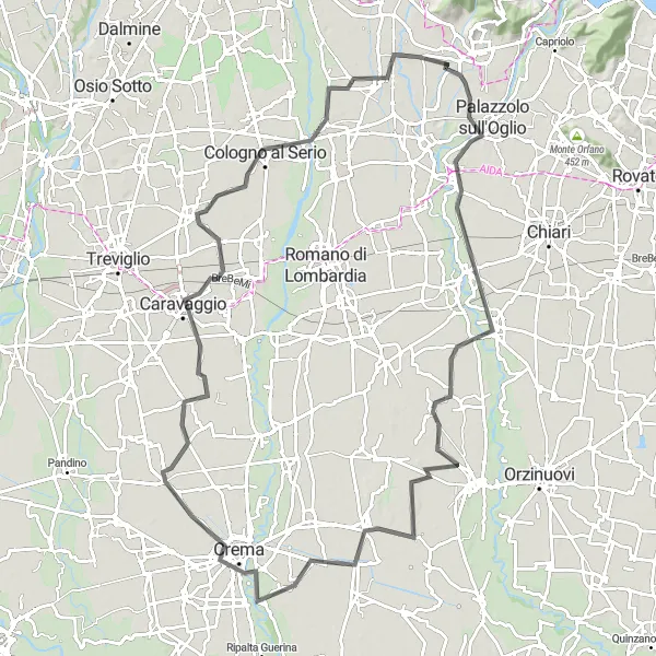 Miniaturní mapa "Silniční cyklistická trasa Telgate Loop" inspirace pro cyklisty v oblasti Lombardia, Italy. Vytvořeno pomocí plánovače tras Tarmacs.app