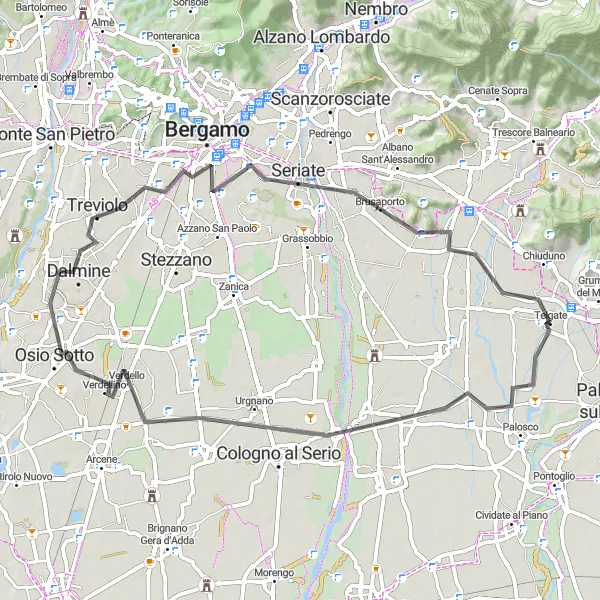 Kartminiatyr av "Kullig väg till Bergamo och tillbaka" cykelinspiration i Lombardia, Italy. Genererad av Tarmacs.app cykelruttplanerare