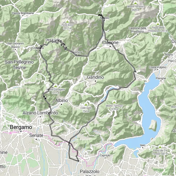 Map miniature of "The Lombard Loop" cycling inspiration in Lombardia, Italy. Generated by Tarmacs.app cycling route planner