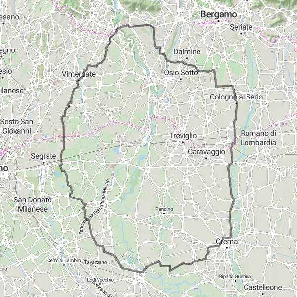 Miniature de la carte de l'inspiration cycliste "Excursion à vélo à travers les plaines et les montagnes" dans la Lombardia, Italy. Générée par le planificateur d'itinéraire cycliste Tarmacs.app