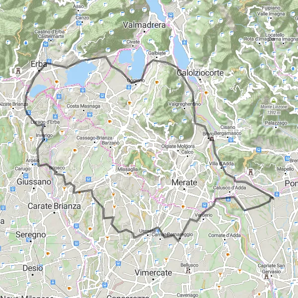 Miniatura della mappa di ispirazione al ciclismo "Rotta Monte Robbio - Sotto il Monte Giovanni XXIII" nella regione di Lombardia, Italy. Generata da Tarmacs.app, pianificatore di rotte ciclistiche