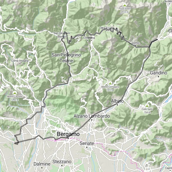 Karttaminiaatyyri "Haasteita ja huippuja yhdistävä matka" pyöräilyinspiraatiosta alueella Lombardia, Italy. Luotu Tarmacs.app pyöräilyreittisuunnittelijalla