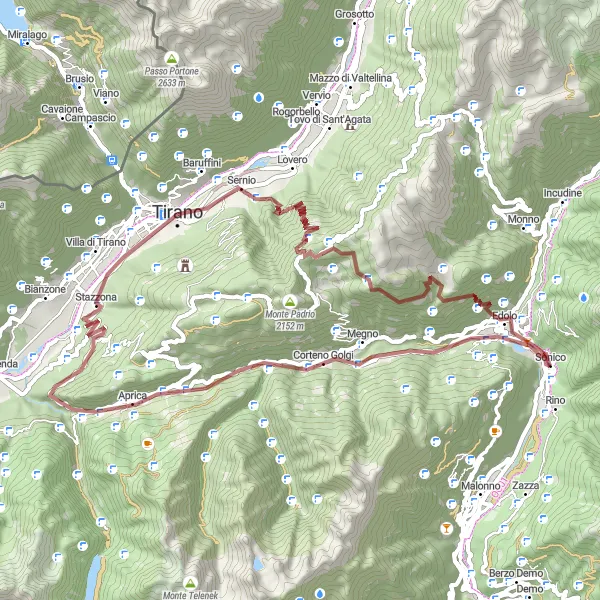 Kartminiatyr av "Eventyrlystne grusveier fra Tirano" sykkelinspirasjon i Lombardia, Italy. Generert av Tarmacs.app sykkelrutoplanlegger