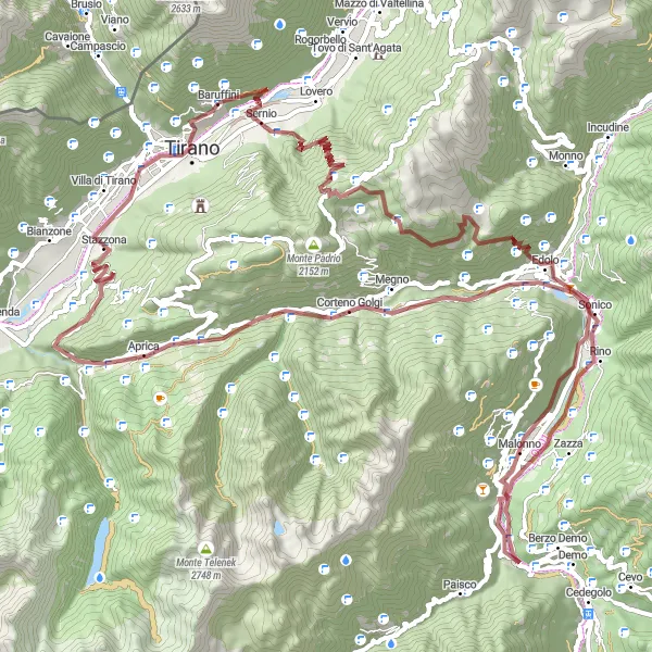 Karttaminiaatyyri "Maastopyöräilyreitti Tiranon lähellä" pyöräilyinspiraatiosta alueella Lombardia, Italy. Luotu Tarmacs.app pyöräilyreittisuunnittelijalla