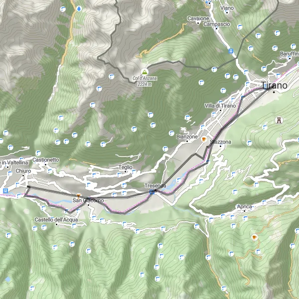 Miniatura della mappa di ispirazione al ciclismo "Ciclabile da Tirano a Chiuro" nella regione di Lombardia, Italy. Generata da Tarmacs.app, pianificatore di rotte ciclistiche