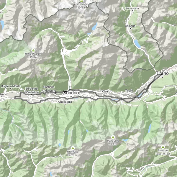 Miniatua del mapa de inspiración ciclista "Ruta Escénica en Bicicleta de Carretera por Villa di Tirano y Poggiridenti" en Lombardia, Italy. Generado por Tarmacs.app planificador de rutas ciclistas