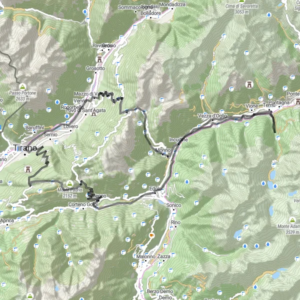 Miniatuurkaart van de fietsinspiratie "Avontuurlijke bergtocht van Tirano naar Incudine" in Lombardia, Italy. Gemaakt door de Tarmacs.app fietsrouteplanner