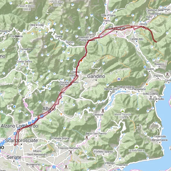 Miniatua del mapa de inspiración ciclista "Ruta de 84 km en Gravel desde Torre Boldone" en Lombardia, Italy. Generado por Tarmacs.app planificador de rutas ciclistas