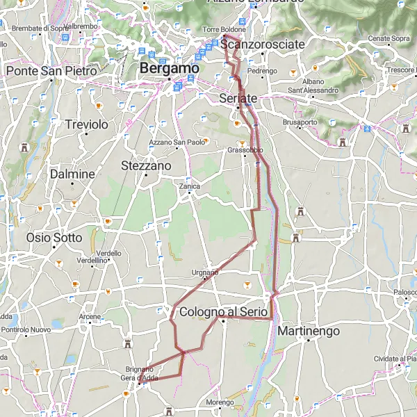 Miniatua del mapa de inspiración ciclista "Ruta de aventura en gravilla cerca de Torre Boldone" en Lombardia, Italy. Generado por Tarmacs.app planificador de rutas ciclistas