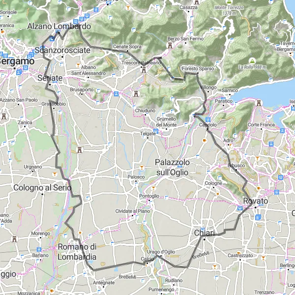 Karttaminiaatyyri "Alzano Lombardo - Gorle Road Cycling Route" pyöräilyinspiraatiosta alueella Lombardia, Italy. Luotu Tarmacs.app pyöräilyreittisuunnittelijalla