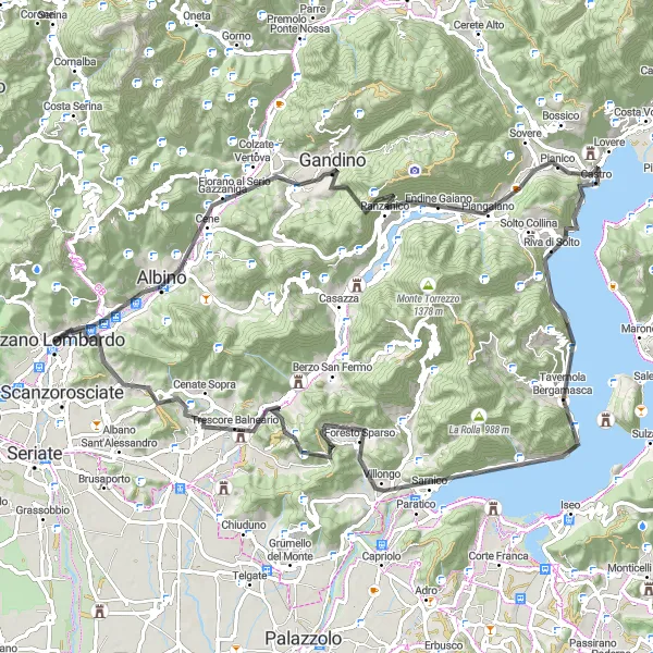 Miniatura della mappa di ispirazione al ciclismo "Tour delle valli bergamasche" nella regione di Lombardia, Italy. Generata da Tarmacs.app, pianificatore di rotte ciclistiche