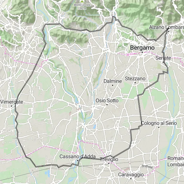 Miniatua del mapa de inspiración ciclista "Recorrido en bici de 108 km por Road desde Torre Boldone" en Lombardia, Italy. Generado por Tarmacs.app planificador de rutas ciclistas
