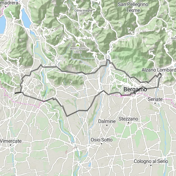 Zemljevid v pomanjšavi "Izlet v okolico Bergama" kolesarske inspiracije v Lombardia, Italy. Generirano z načrtovalcem kolesarskih poti Tarmacs.app