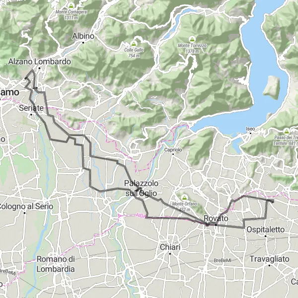 Kartminiatyr av "Malerske veier og historiske landsbyer på landeveien" sykkelinspirasjon i Lombardia, Italy. Generert av Tarmacs.app sykkelrutoplanlegger