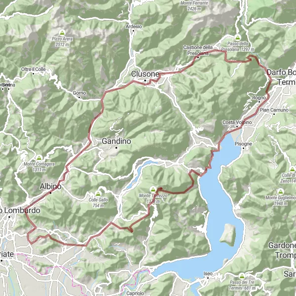 Miniatura della mappa di ispirazione al ciclismo "Giro in Gravel della Presolana" nella regione di Lombardia, Italy. Generata da Tarmacs.app, pianificatore di rotte ciclistiche