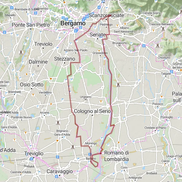 Map miniature of "Città Alta Gravel Route" cycling inspiration in Lombardia, Italy. Generated by Tarmacs.app cycling route planner