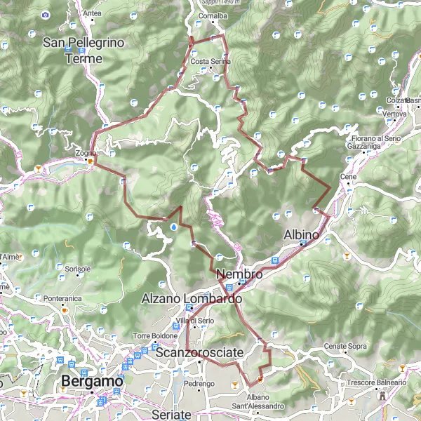 Miniaturní mapa "Gravelová trasa kolem Torre de' Roveri" inspirace pro cyklisty v oblasti Lombardia, Italy. Vytvořeno pomocí plánovače tras Tarmacs.app