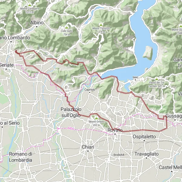 Miniatura della mappa di ispirazione al ciclismo "Avventura in Gravel da Torre de' Roveri a Scanzorosciate" nella regione di Lombardia, Italy. Generata da Tarmacs.app, pianificatore di rotte ciclistiche