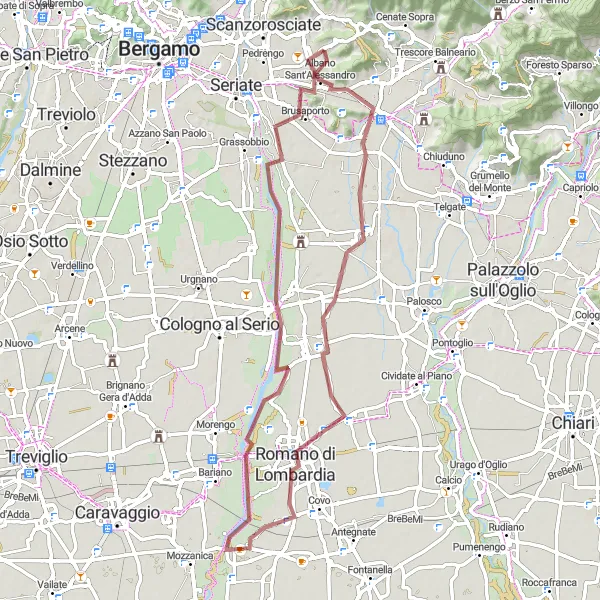 Miniaturní mapa "Gravel okruh kolem Torre de' Roveri" inspirace pro cyklisty v oblasti Lombardia, Italy. Vytvořeno pomocí plánovače tras Tarmacs.app