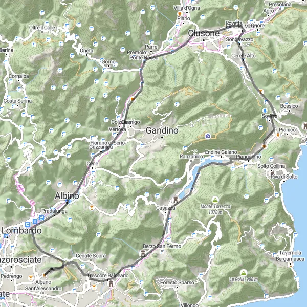 Map miniature of "Torre de' Roveri Loop: challenging ride with stunning views" cycling inspiration in Lombardia, Italy. Generated by Tarmacs.app cycling route planner