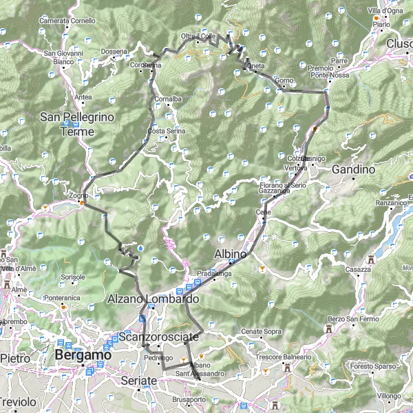 Miniatuurkaart van de fietsinspiratie "Bergroute door Ponte Nossa en Albino" in Lombardia, Italy. Gemaakt door de Tarmacs.app fietsrouteplanner